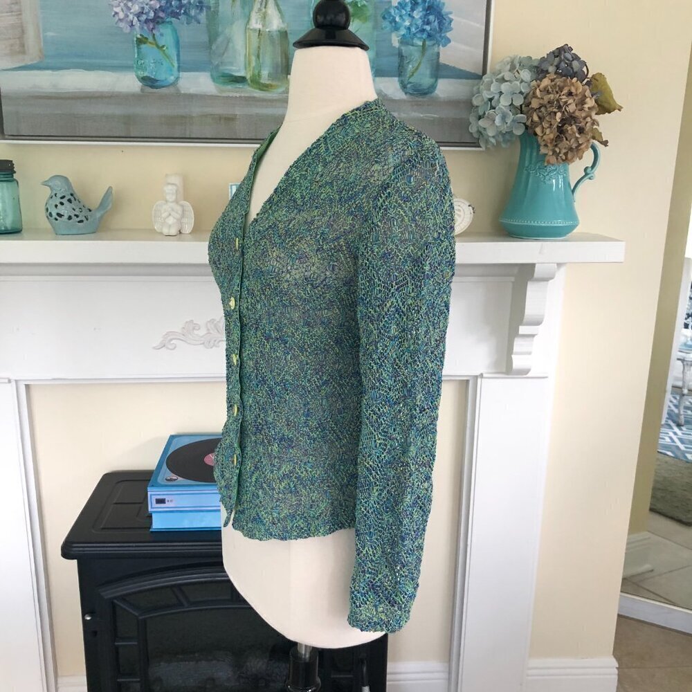 Vintage 90s Gantos Blue Open Knit Cardigan Sweater Medium Artsy Boho - Picture 5 of 14